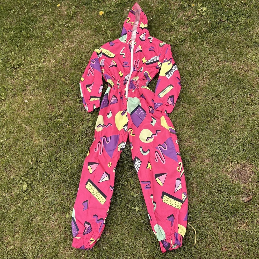 80s 90s Workout Jumpsuit Totally Cool Rad Hot Pink Neon Barbie Hood Zip Large